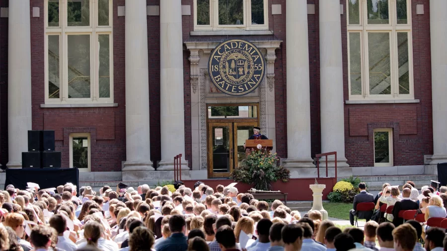 "Bates is truly unlike any other community you have been part of....Bates is in a time where the voice of the students can have a tremendous impact. I implore you to join, to commit, and to lead. Your voice ó our voice  ó is one with tremendous weight, and you have the ability to make Bates even better for those who come after you."

-- Norberto Diaz '16 of Carson, Calif., president of the student government,  speaking at today's Convocation ceremony on the Historic Quad. His remarks received a positive response, from left,  convocation keynote speaker Danielle Allen, author of the prizewinning 2014 study "Our Declaration," Multifaith Chaplain Brittany Longsdorf, and Bates President Clayton Spencer. Allen's book was chosen as the Common Reading for this yearís incoming Class of 2019.