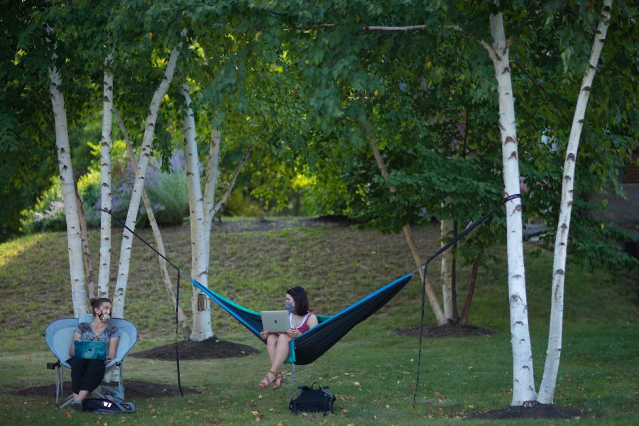 Campus scenes on Sept. 8, 2020.

From left, roomates Svea Althausen ’24 of Reno, Nevada, and Katherine Buetens ’24 of Orono, Maine, enjoy studying outside along Alumni Walk in front of Hathorn Hall.

Althausen likes the camp chair because she can pop it open across campus as she likes – and it’s really comfy, she says. She finds it difficult to study in a hammock because the swaying interferes with her concentration. She was studying for INDS 295 - Afro-diasporic Activism


Buetens received the hammock as a high school graduation gift from her mother. FYS Vaccines taught by Bruno Salazar-Perea