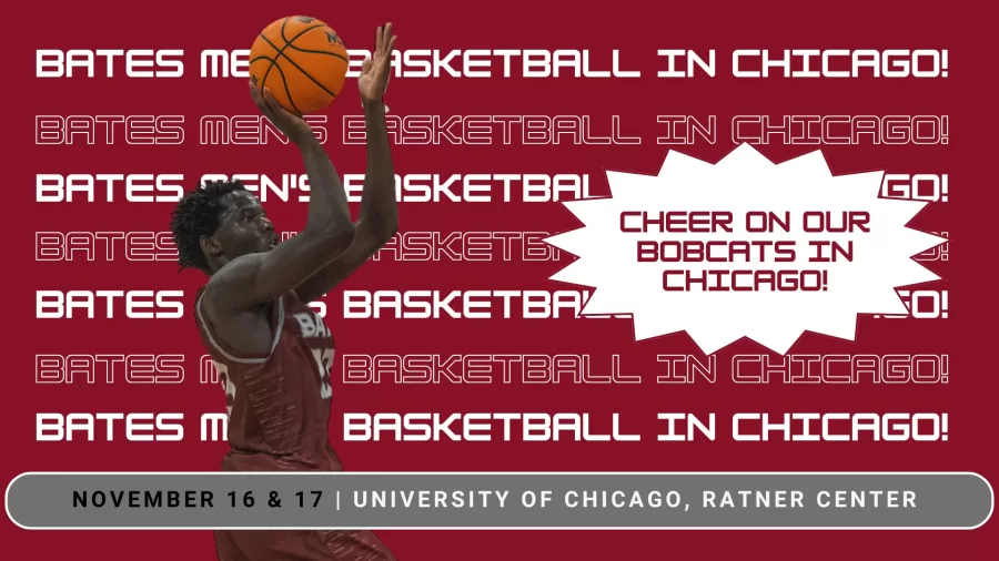 Graphic of Men's Basketball, featuring a Bates player shooting a basketball in front of a garnet and white background.