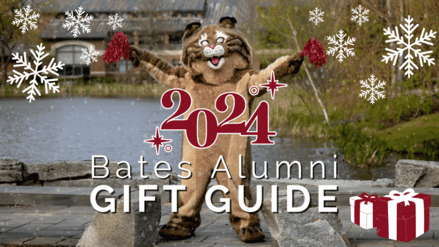 Bates Alumni Gift Guide over a picture featuring the bobcat mascot