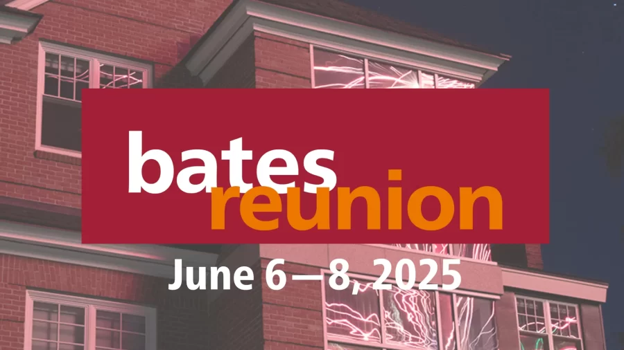 Bates Reunion logo in front of building reflecting fireworks