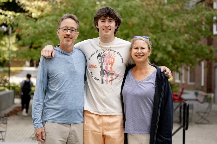 Various scenes from Friday afternoon, on Sept. 27, 2024.  during Back to Bates Weekend, as families arrive on campus to register and spend time together.

Aidan Lawlor ’28 with his parents Mark and Amy Lawlor of Overland Park, Kansas.