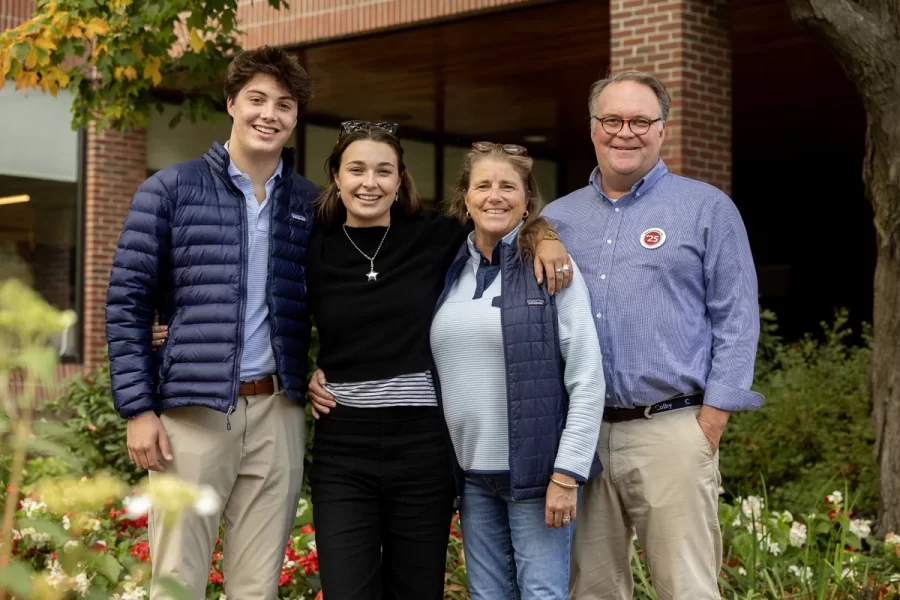 Various scenes from Friday afternoon, on Sept. 27, 2024.  during Back to Bates Weekend, as families arrive on campus to register and spend time together.

Lily Ritch ’25, center, with from left, her brother Charlie Ritch (prospect for Class of 2030), and parents Wendy and Andrew Ritch.