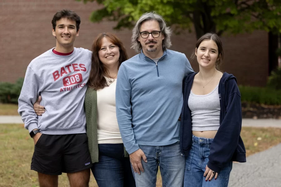 Various scenes from Friday afternoon, on Sept. 27, 2024.  during Back to Bates Weekend, as families arrive on campus to register and spend time together.

Mason Choinieve Barr ’28 of Longmeadow, Mass., with mother Nicole Choiniere, father Wayne Barr, and sister, Eleanor, 17.