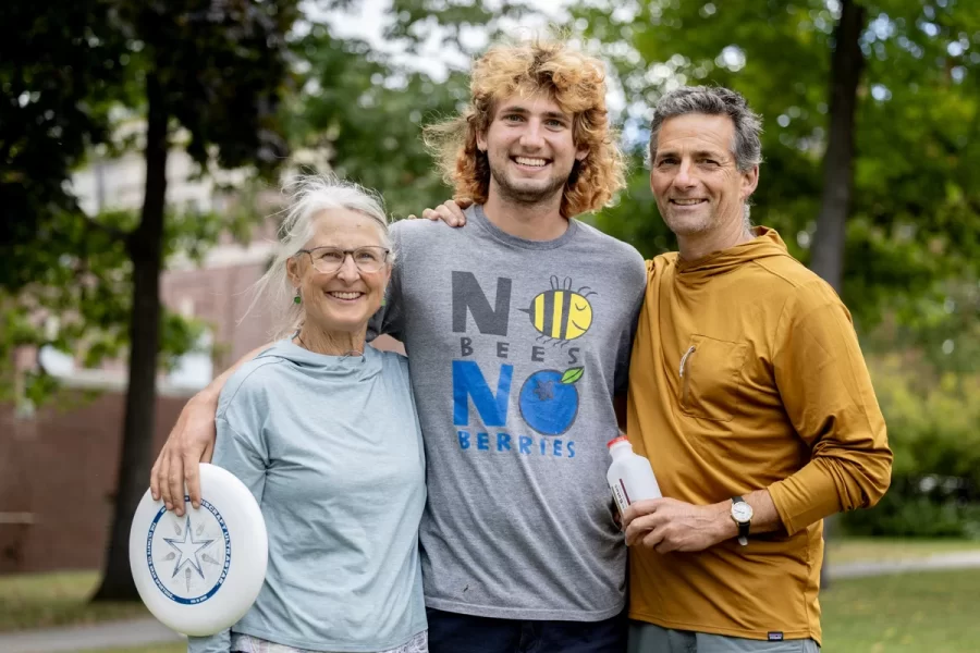 Various scenes from Friday afternoon, on Sept. 27, 2024.  during Back to Bates Weekend, as families arrive on campus to register and spend time together.

Zach Van Dusen ’25 of Vachon, Wash., and his parents Karen Fevold and father Hans Van Dusen.