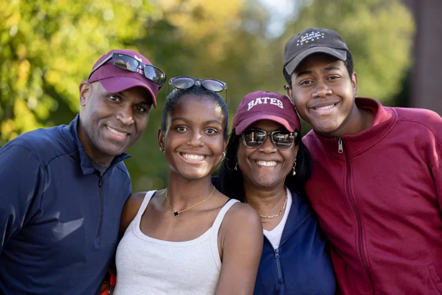 Various scenes from Friday afternoon, on Sept. 27, 2024.  during Back to Bates Weekend, as families arrive on campus to register and spend time together.

Mikaella Bernard with parents Norma and Serge Bernard and brother Sebastian, 17. And with Simba, their golden doodle.