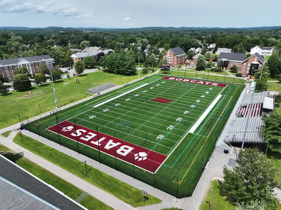 This aerial photograph shows the updated turf installed on Garcelon Field in 2023.