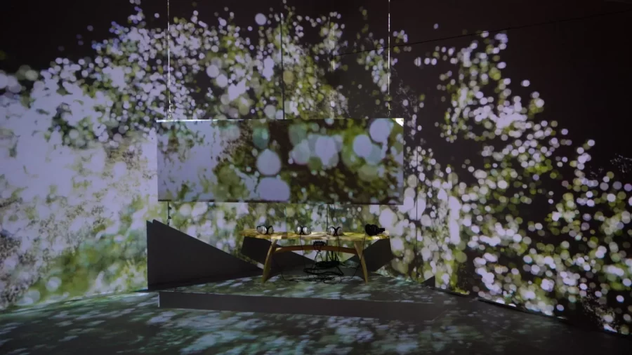 immersive video installation with hanging screen 