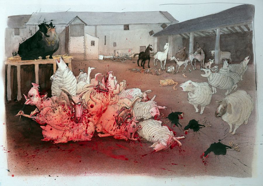 Ralph Steadman, Animal Farm – The Trial, 1995, ink on paper, 25.3 x 35.25 inches