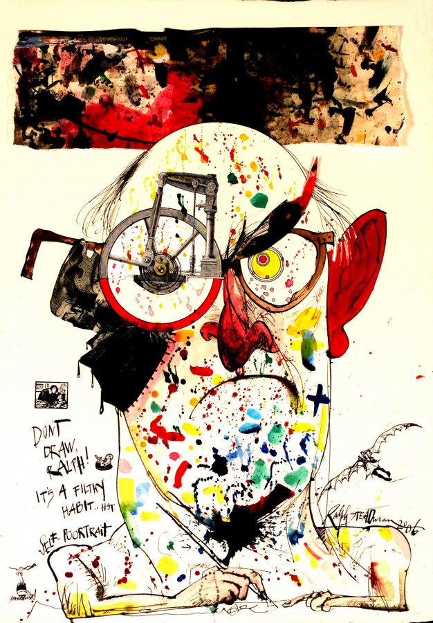 Ralph Steadman, "Don't Draw Ralph! It's a Filthy Habit..." HST. Self Poortrait, 2006, Ink, collage on paper, 35.25 x 24.5 inches