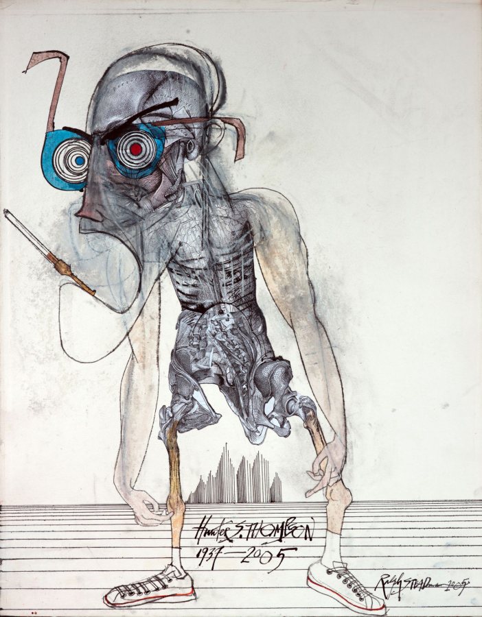 Ralph Steadman, Hunter S Thompson, 2005, ink, Charcoal, gesso, collage on paper, 35.5 x 28.75 inches
