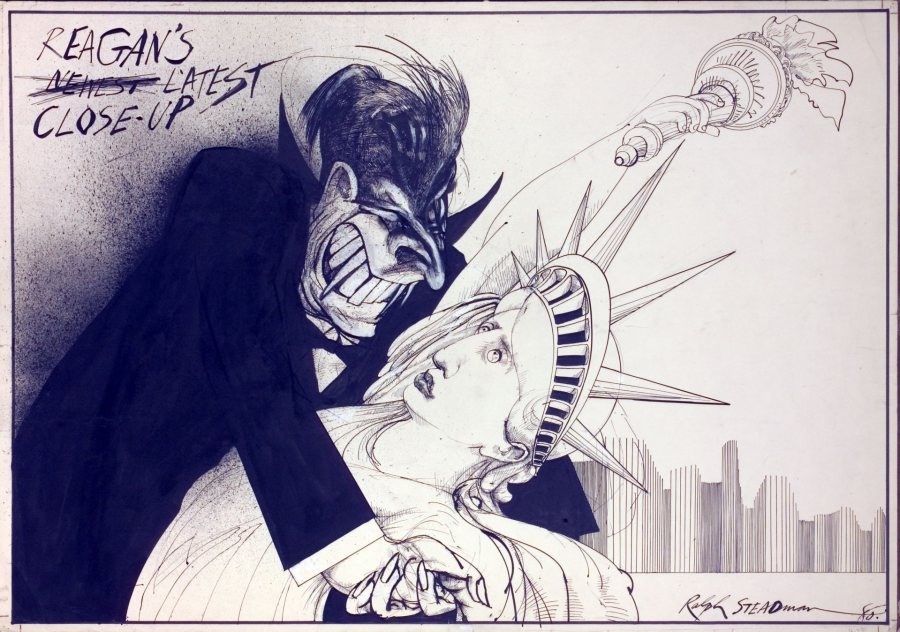 Ralph Steadman, Reagan’s Latest Close-up, 1980, ink on paper, 24.5 x 35.25 inches