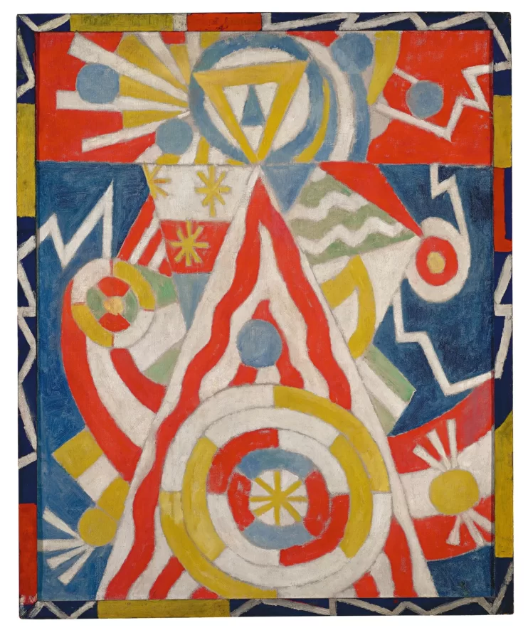 Abstract oil painting by Marsden Hartley featuring geometric shapes in primary colors.