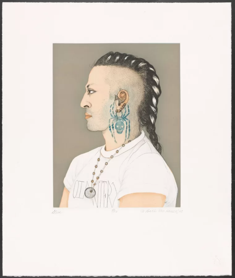 Beth Van Hoesen, Steve (23/50), 1990, aquatint, etching, and drypoint on paper printed in black and red-brown inks, Bates College Museum of Art, gift from the E. Mark Adam and Beth Van Hoesen Adams Trust, 2012.20.4