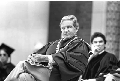 Bates College President Thomas Hedley Reynolds, Commencement 1979. Reynolds was president from 1967 to 1989. Unknown photographer.