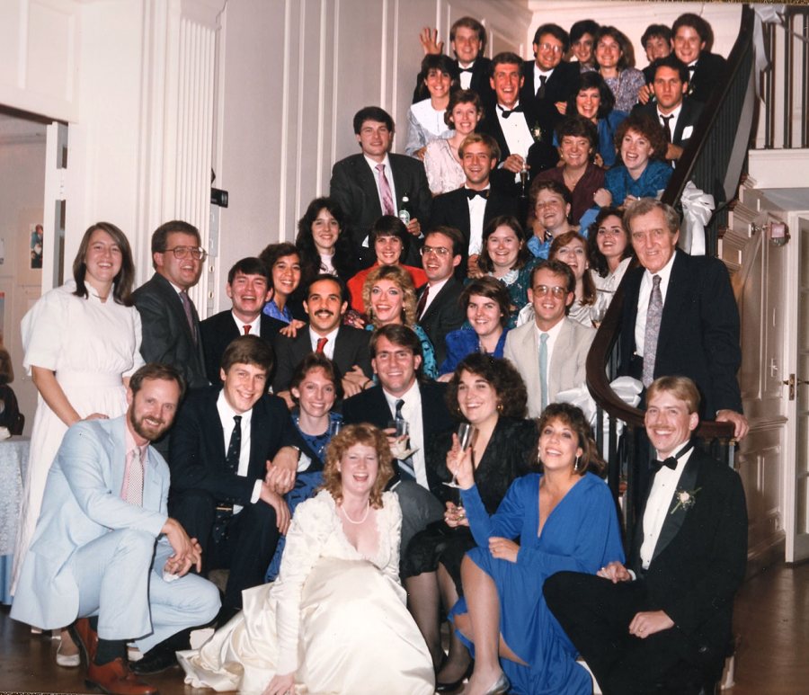 At the October 1987 wedding of classmates Graham Anderson '85 (lower right) and Shannon Billings '85 (bottom center), there were 39 Bates alumni among the wedding guests, including the late Edmund S. Muskie '36, hard to miss at middle right. 