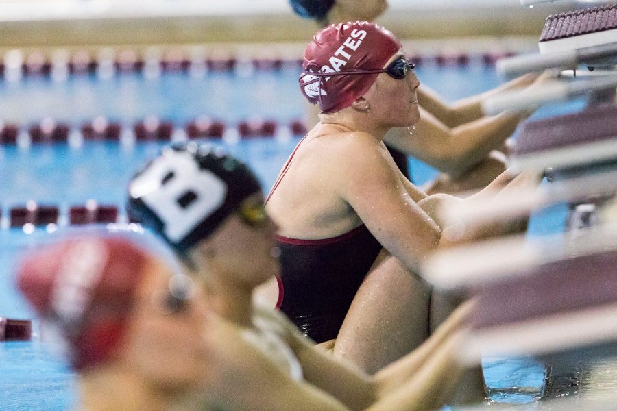 Shown in January 2017, Bates swimmers and divers meet Wesleyan and Trinity on Nov. 18. (Josh Kuckins/Bates College)