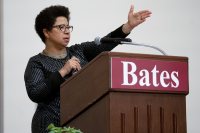 "Strong people don't need a strong leader," said Barbara Ransby, quoting civil rights and human rights activist Ella Baker during her 2019 MLK Day Keynote Address, "Intersectional Feminist Praxis in the Black Freedom Movement from Ella Baker to Black Lives Matter." Ransby had planned to join Bates on MLK Day, but a major winter storm prevented her from making it to Maine.
.
Ransby delivered her much anticipated talk last night in Memorial Commons to a full house. Before her speech, she had dinner with members of the MLK Day Committee, and this morning, she participated in "White Supremacy in U.S. History," a course taught by Assistant Professor of History Andrew Baker.
.
As a University of Illinois-Chicago Distinguished Professor of African American Studies, Gender and Women's Studies, and History, Professor Ransby is interested in contributing to our collective understanding of the past and present, as well as working toward a more just future. She is a recent president of the National Women's Studies Association, and directs UIC's Social Justice Initiative.