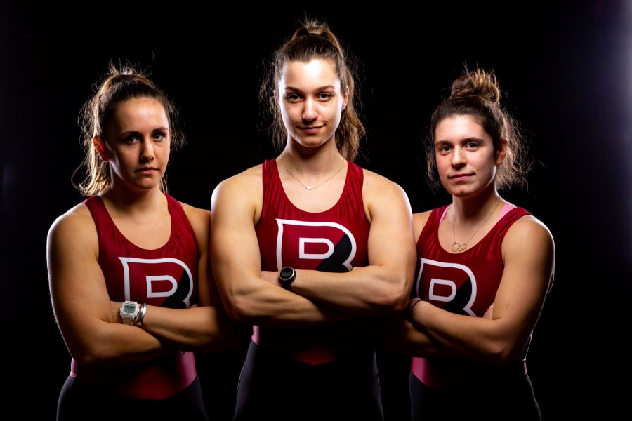 From left, Sophia Claus, Sophia Rintell, and Claudia Glickman were the 2019 co-captains for Bates women's rowing. (Brewster Burns for Bates College)