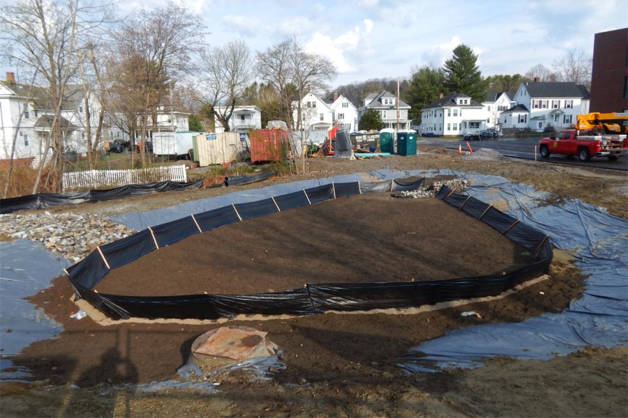 This area at the rear of the science center lot will serve as a catchmant basin for stormwater runoff. (Doug Hubley/Bates College)
