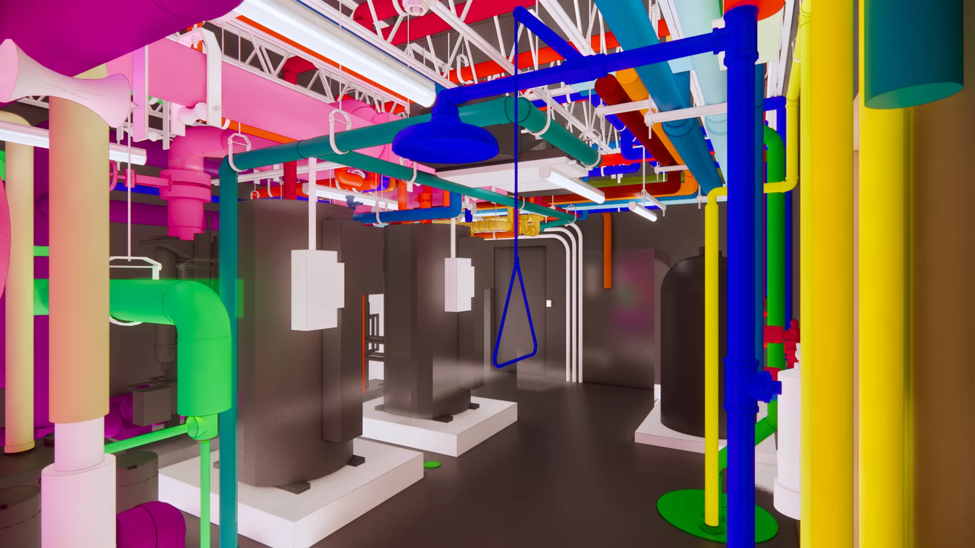 We've written previously about the 3-D computer models used to guide the actual work of building construction or renovation. This rendering depicts a variety of utility connections in the basement of Dana Chem. (Courtesy of Consigli Construction)
