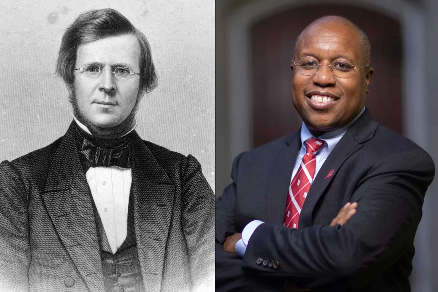 19th century portrait at left, current Bates president at right