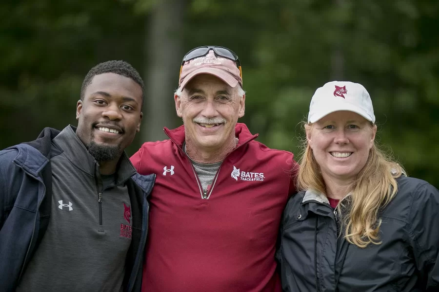 Sept. 14, 2019: Posing with Curtis Johnson (left), who succeeded Fereshetian as head coach, and  coaching colleaugue Jay Hartshorn, former longtime coach of women's cross country and track. (Phyllis Graber Jensen/Bates College)