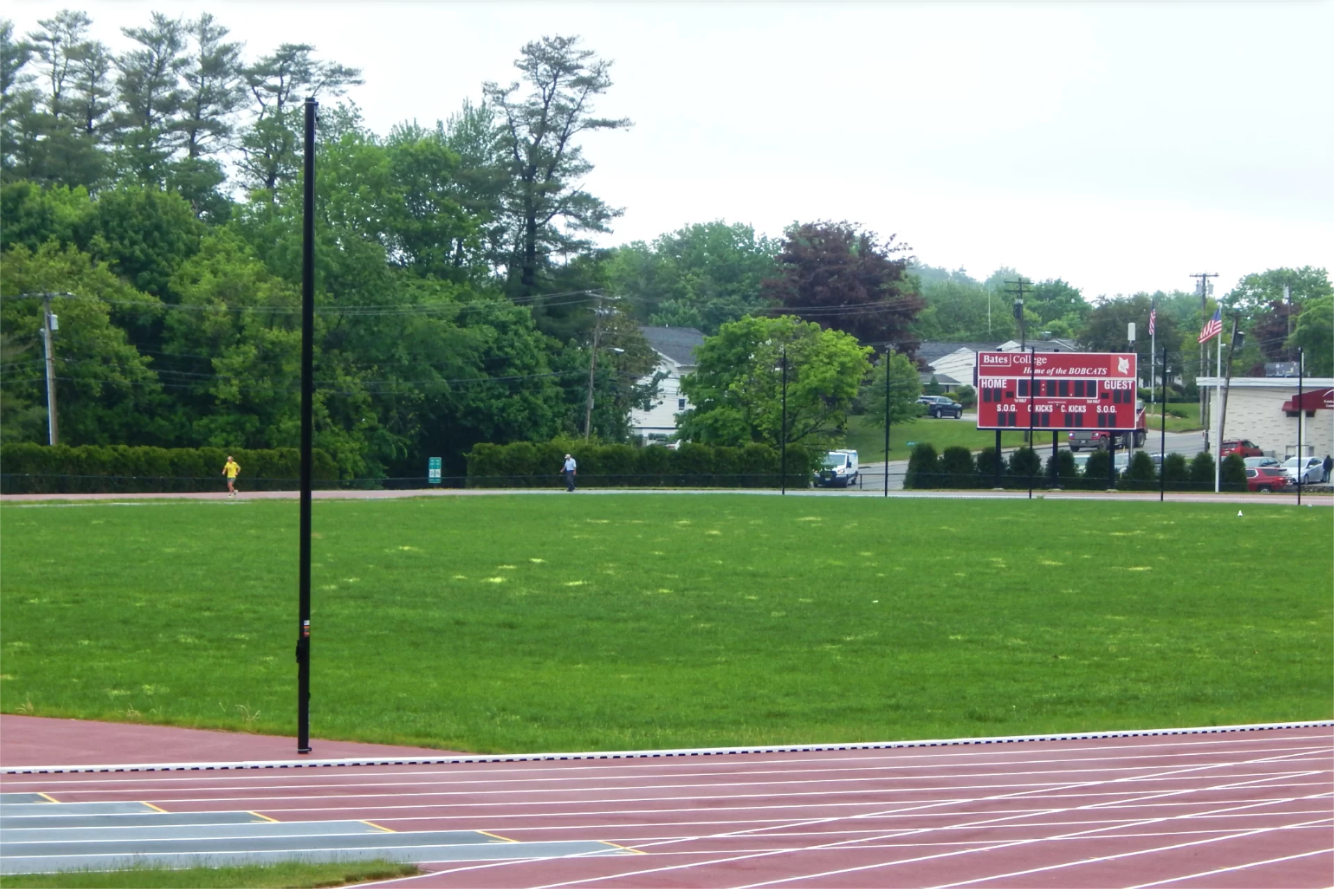 Russell Street Field on a misty May morning. (Doug Hubley/Bates College)