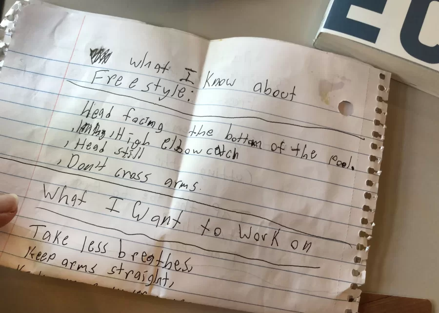 Lost at Commons, these notes from a young swim camper explain what they know about freestyle and what they hope to work on at the Bobcat Swim Camp. (Jay Burns/Bates College)