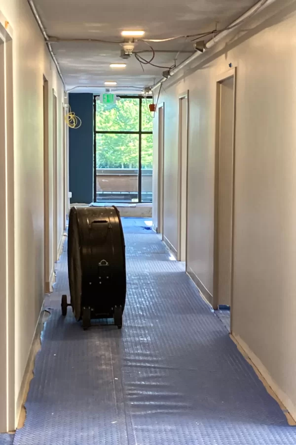 A third-floor hallway at 96 Campus Avenue. Note the new paint, and the new window, which is called storefront glass, at rear. (Doug Hubley/Bates College)