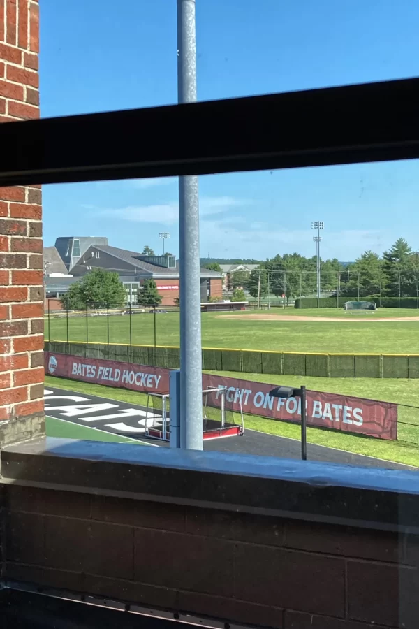 A view of the Campus Avenue and Leahy fields from a third-floor window at 96 Campus Avenue. (Doug Hubley/Bates College)