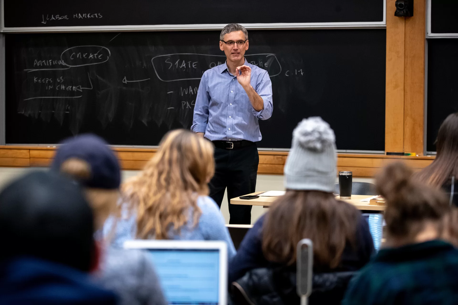 A day in the life of Pettengill Hall, featuring staff, faculty and students engaged in learning, studying, and working, with both internal and external images.

Francesco Duina teaches “Theoretical Foundations of Sociology,” G65