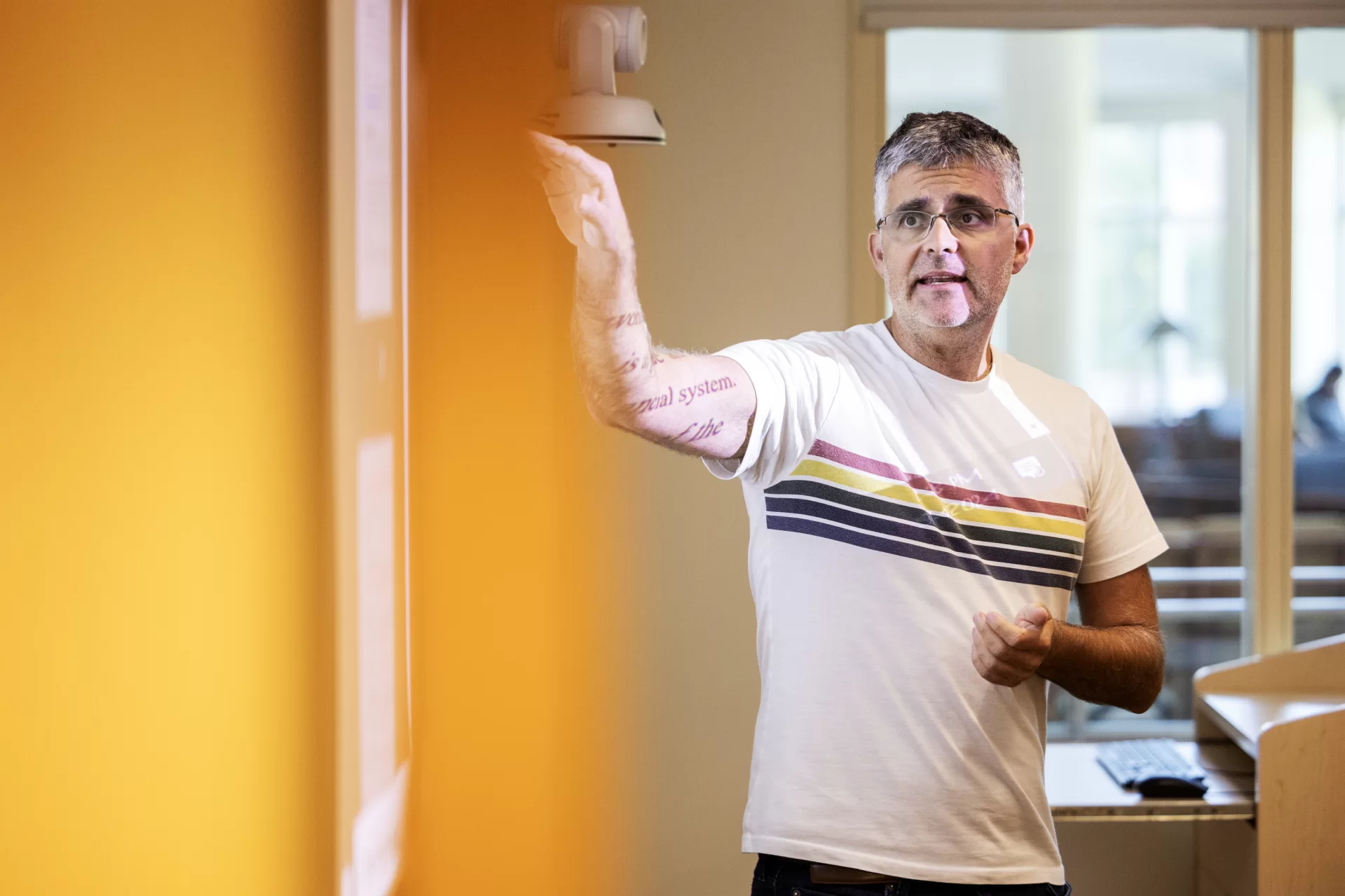 Daniel Riera-Crichton, Betty Doran Stangle Professor of Applied Economics, instructs students during their first day of International Finance seminar on September 4, 2024. 

(Theophil Syslo | Bates College)