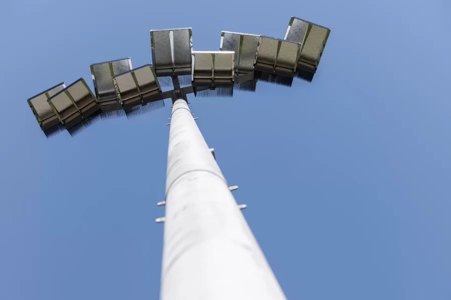 The business end of a new Musco field light array at Russell Street Field. Four such arrays were installed in early September. (Theophil Syslo/Bates College)