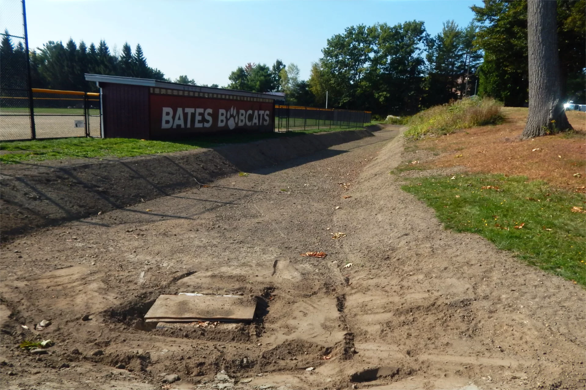 This area alongside the softball field will contain a stormwater retention feature — a sort of rain garden. (Doug Hubley/Bates College)