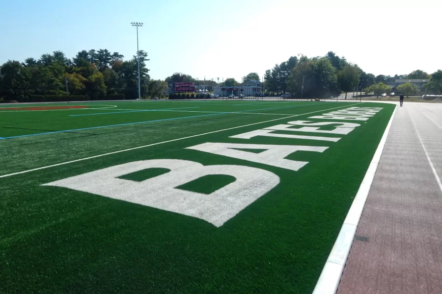 Complete except for final tests and a few punch list items: the new FieldTurf on the Russell Street soccer field on Sept. 16. (Doug Hubley/Bates College)