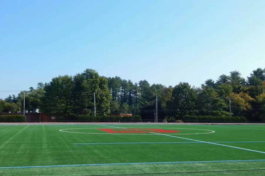 The brand-new FieldTurf playing surface for soccer and other sports at Russell Street Field. (Doug Hubley/Bates College)