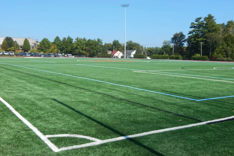 Looking northwest across the newly resurfaced soccer field at Bates’ Russell Street sports complex. (Doug Hubley/Bates College)