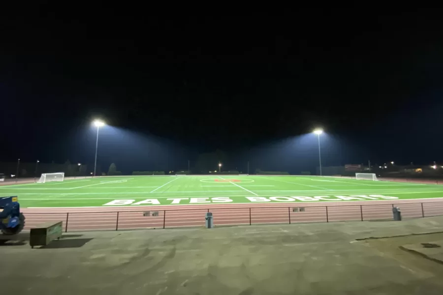 Testing the new Musco field lights at Russell Street Field on Sept. 18. (Paul Farnsworth/Bates College)