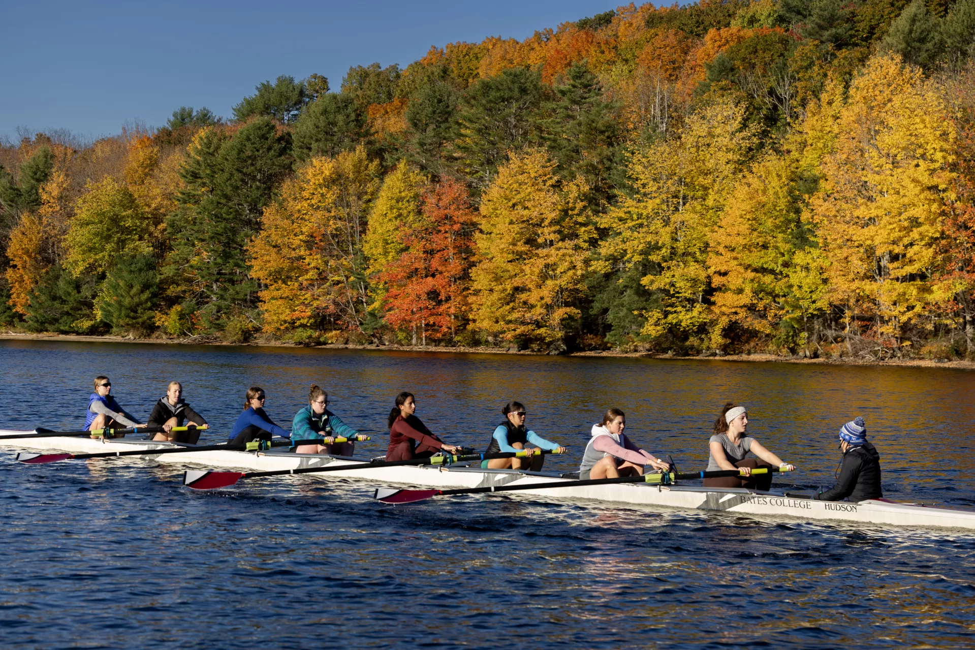 Men’s and women’s rowing practice on the morning of October. 18, 2024, on the Androscoggin River in Greene.