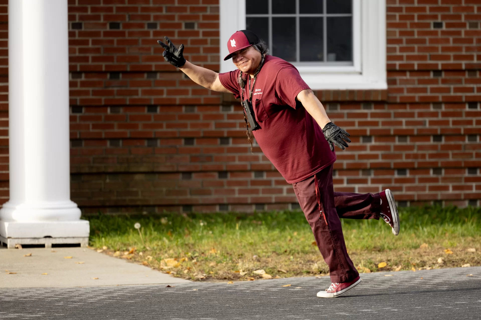 Scenes from campus (including the maple tree outside of Hedge) on the morning of Oct. 21, 2024.

Francisco Urueta responds to the camera and photographer as he walks down Alumni Walk in front of Dana Science.