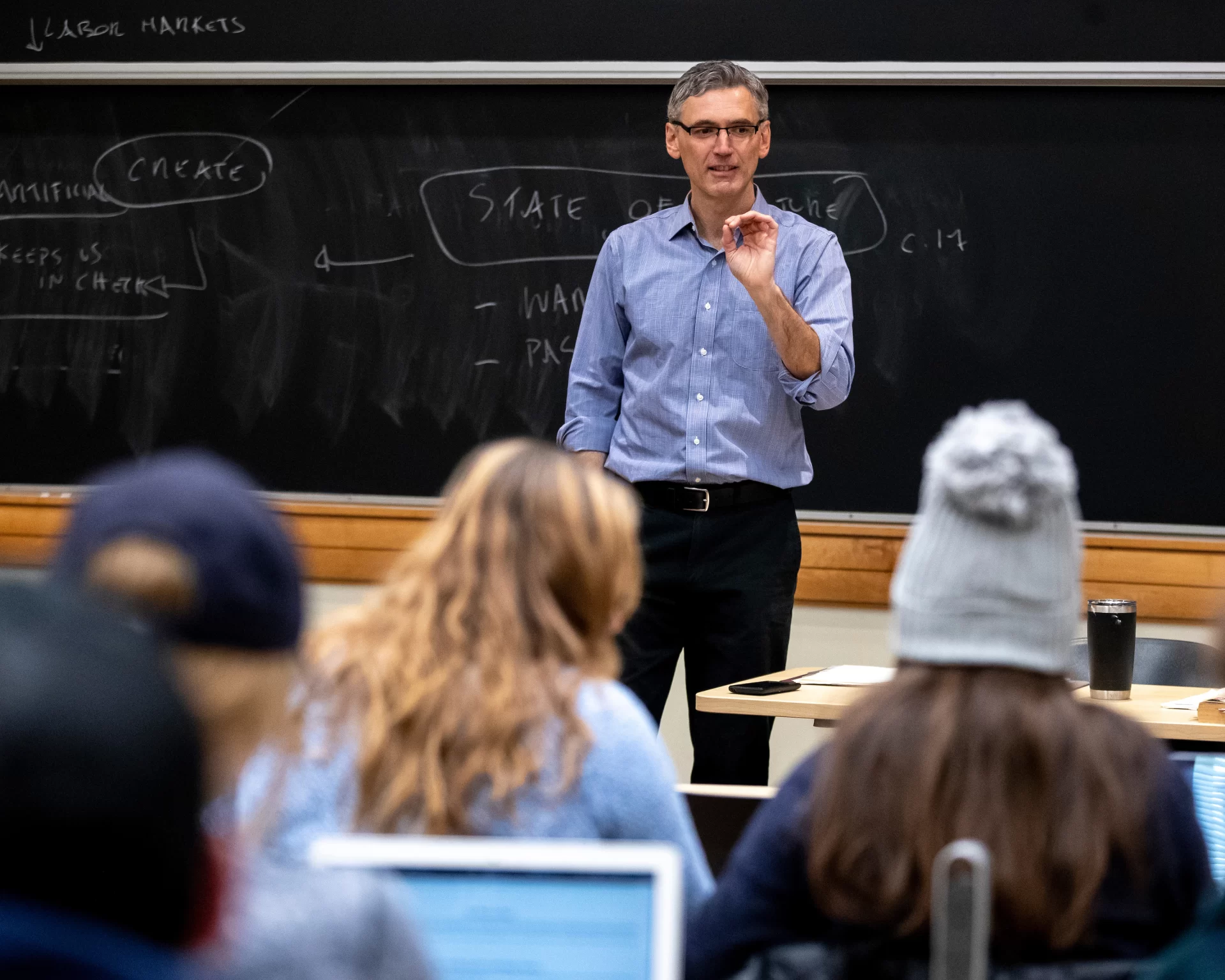 A day in the life of Pettengill Hall, featuring staff, faculty and students engaged in learning, studying, and working, with both internal and external images.

Francesco Duina teaches “Theoretical Foundations of Sociology,” G65