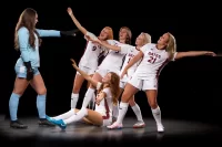 From left, Samantha Bunar ’26, Kylie Musante ’26, Olivia Faucera ’26, Nadia Schwartz ’26, Tess Griffith. Seated: Gabby Monaco