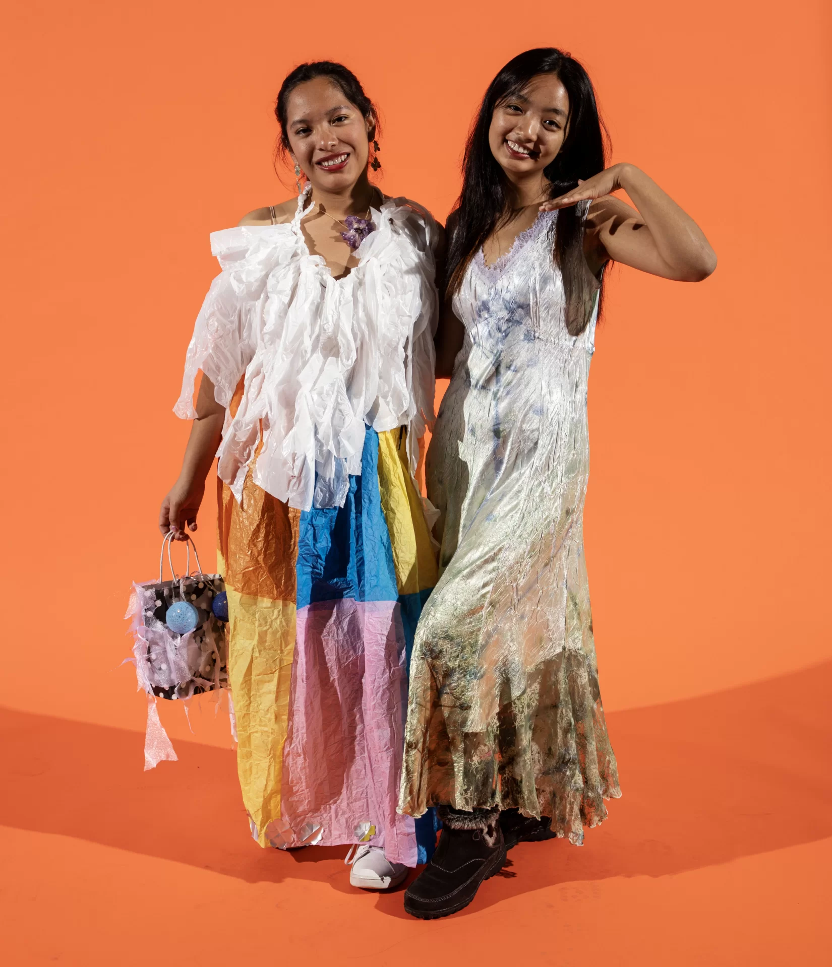 Trashion Show participants pose for some portraiture in the Grey Cage following the conclusion of the event on November 20, 2024. (Theophil Syslo | Bates College)

Shristi Tamang ’28 of Kathmandu, Nepal, and Mari Nolasco Alcantara ’28 of Xicohtzinco, Mexico, pose for a portrait in the Grey Cage on November 20, 2024.