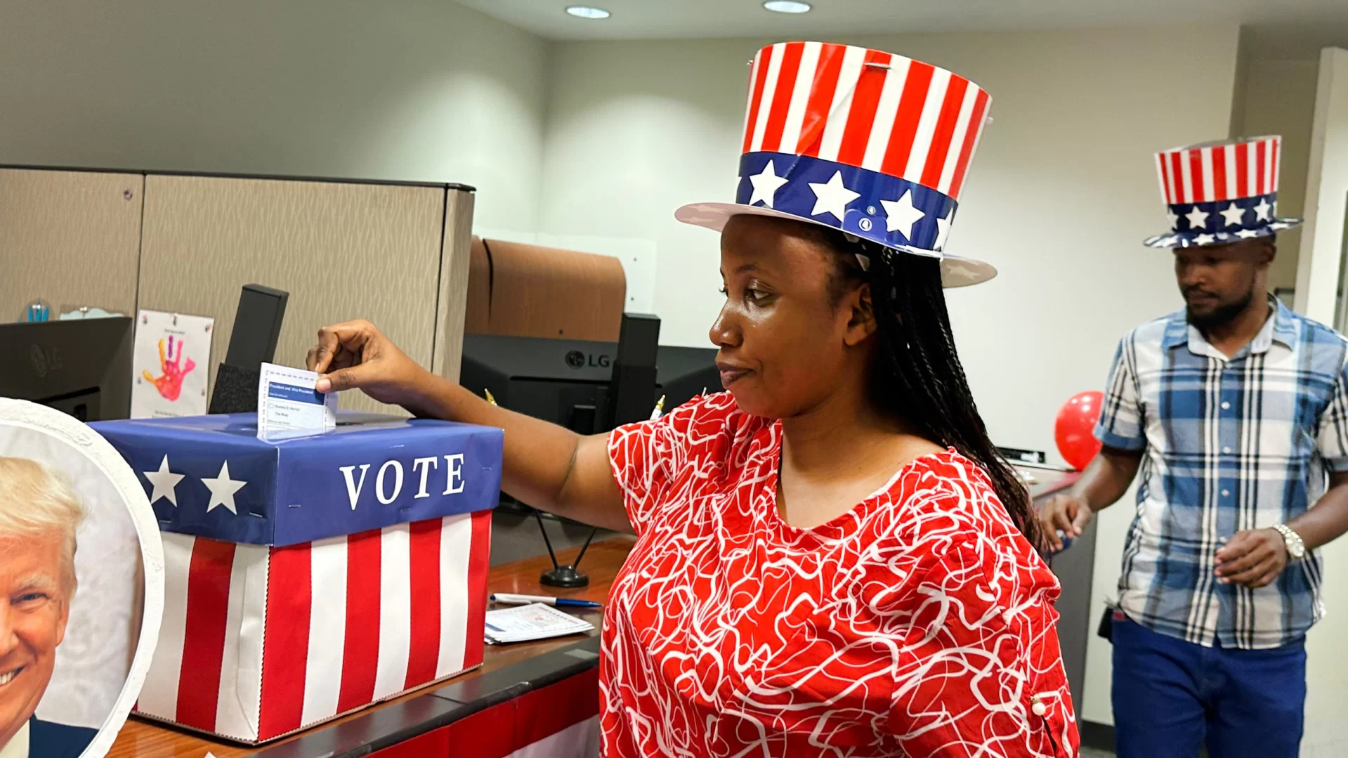 dressed up woman voting in a very showy way