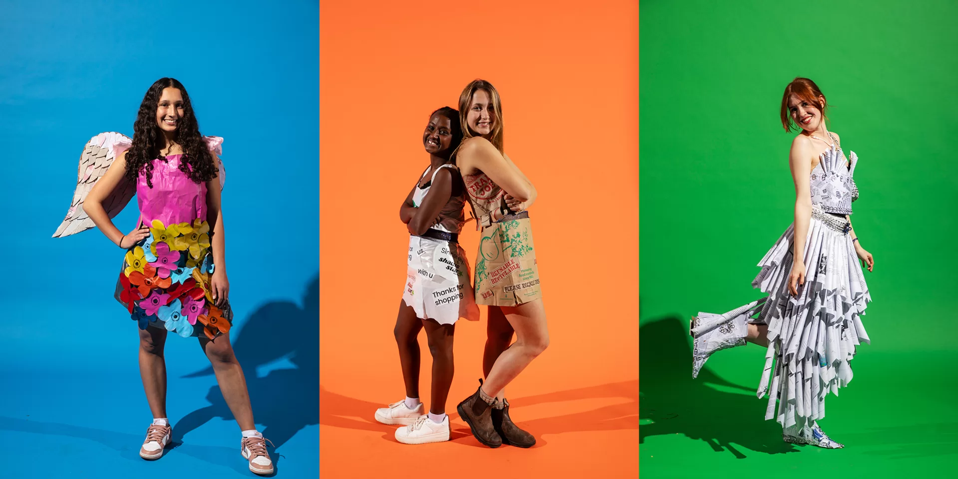 three portraits of students wearing self-created outfits made from trash