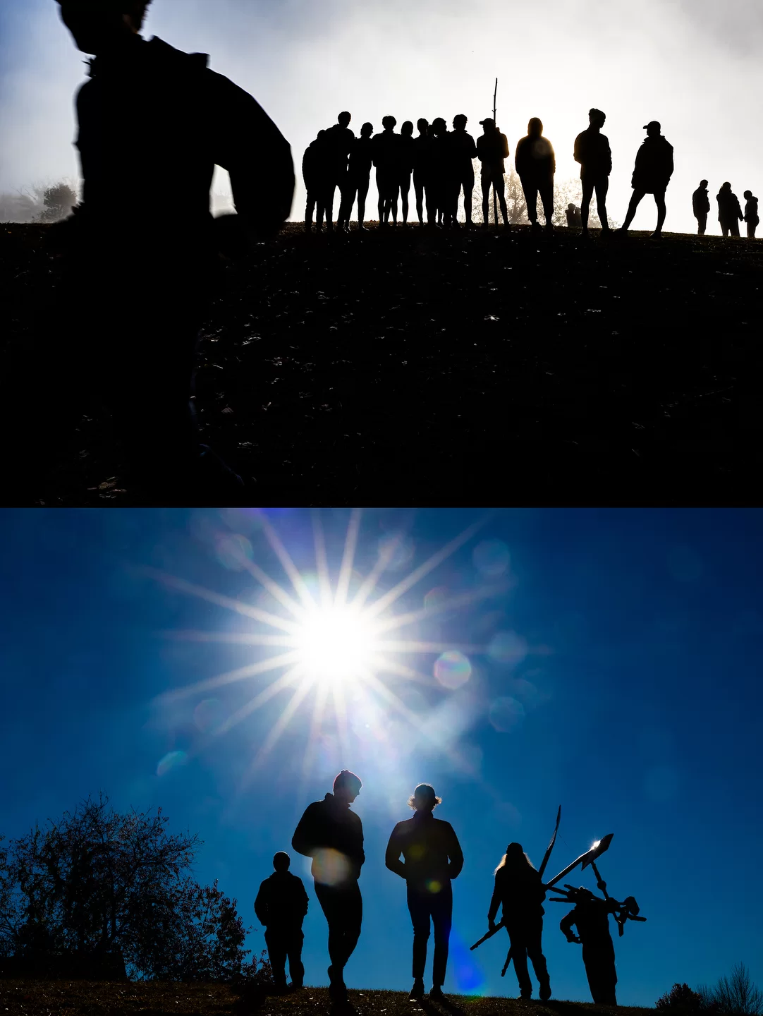 two images of silhouetted students, one against foggy sky the other against sunny sky