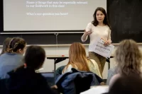 Associate Professor of Education Mara Tieken, winner of the 2024 Kroepsch Teaching Award, teaches students in her course “EDUC 231 - Perspectives on Education” in Pettigrew 30 on January 16, 2025. EDUC 231 - Perspectives on Education This course introduces students to foundational perspectives (anthropological, historical, philosophical, psychological, and sociological) on education and helps students apply these perspectives to contemporary schools and classrooms. The course considers several large questions: What should be the purpose of education in a democratic society? What should be the role of the school? Who should participate in making decisions about schools? In what ways do schools reflect and perpetuate larger social inequities, and, alternately, how can they contribute to a more just and inclusive society? Students must complete at least thirty hours of fieldwork.