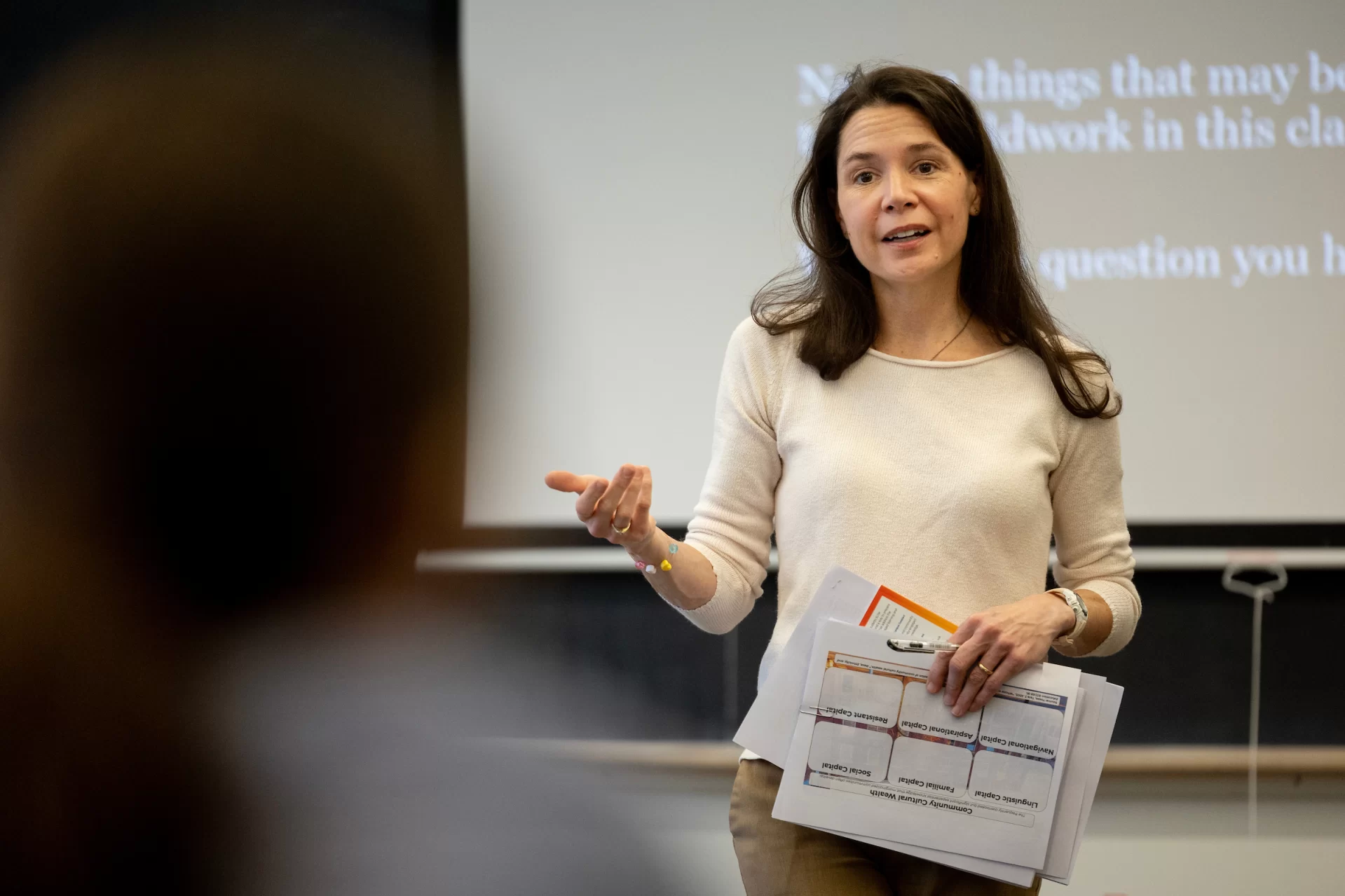 Associate Professor of Education Mara Tieken, winner of the 2024 Kroepsch Teaching Award, teaches students in her course “EDUC 231 - Perspectives on Education” in Pettigrew 30 on January 16, 2025.

EDUC 231 - Perspectives on Education
This course introduces students to foundational perspectives (anthropological, historical, philosophical, psychological, and sociological) on education and helps students apply these perspectives to contemporary schools and classrooms. The course considers several large questions: What should be the purpose of education in a democratic society? What should be the role of the school? Who should participate in making decisions about schools? In what ways do schools reflect and perpetuate larger social inequities, and, alternately, how can they contribute to a more just and inclusive society? Students must complete at least thirty hours of fieldwork.