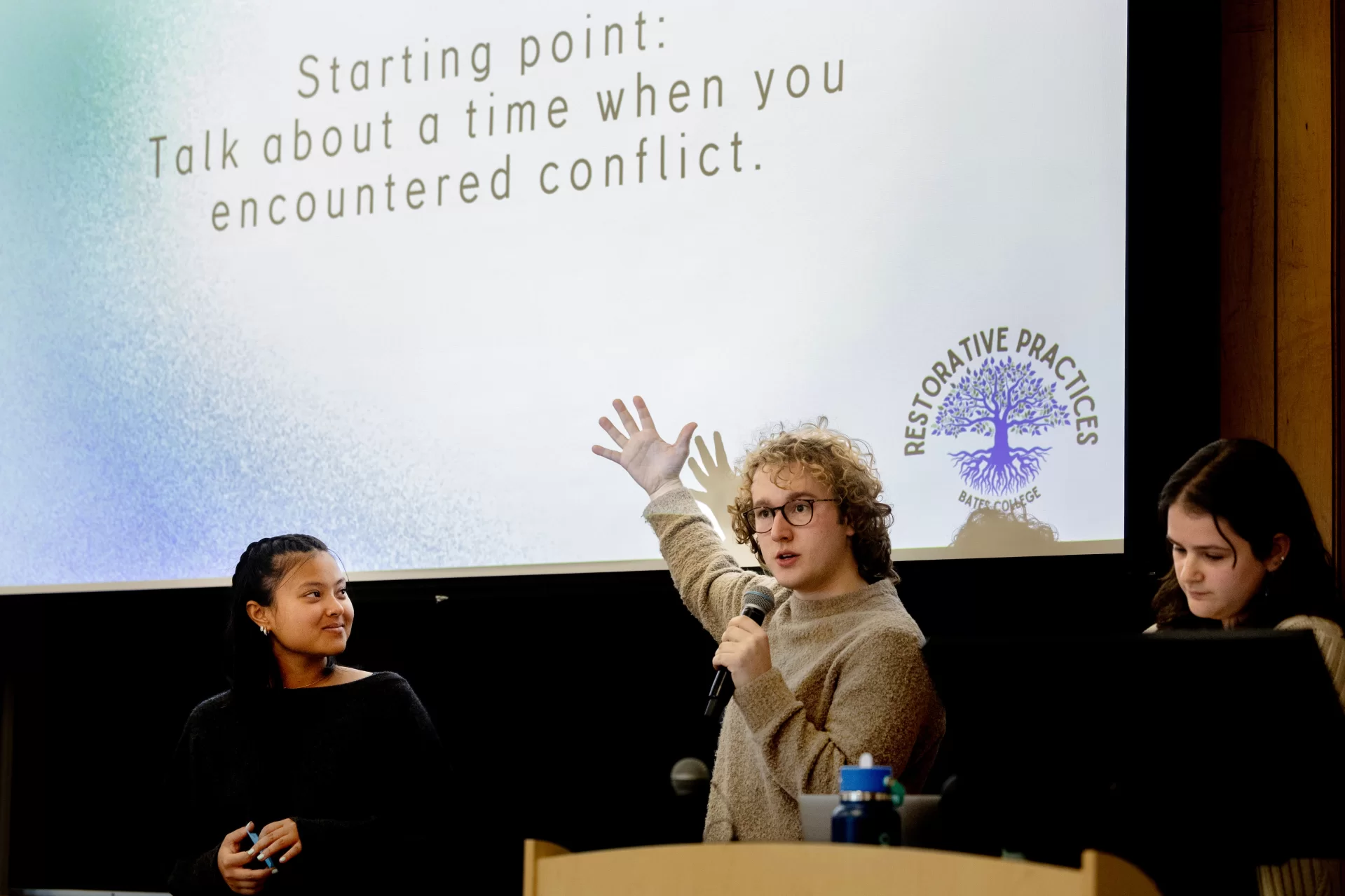 Restorative Practices: Building Bridges for Healing
Workshop: As the restorative practice systems specialist for the Cumberland County Public Health Department, workshop presenter Andrew Forsthoefel collaborates with schools to develop and implement restorative practice/justice systems. The workshop will introduce attendants to restorative justice circles and dialogue facilitation, which allow communities to embrace the humanity of each individual, foster inclusion, repair and transform harm, and nurture deeper connections. The goal would be to give attendees practical skills in approaching difficult conversations and facilitating healthy dialogue, especially in tumultuous political times.

Presenters: Restorative Practice Advisors Julia Parham ’25, Risa Horiuchi ’25, John Campana ’26, and Nice Matrakul ’26; Andee Bucciarelli, assistant dean of community standards and deputy Title IX coordinator; Andrew Forsthoefel
Sponsor: Bates Restorative Practice Advisors

Location: Pettengill G52 | Reserve ticket here